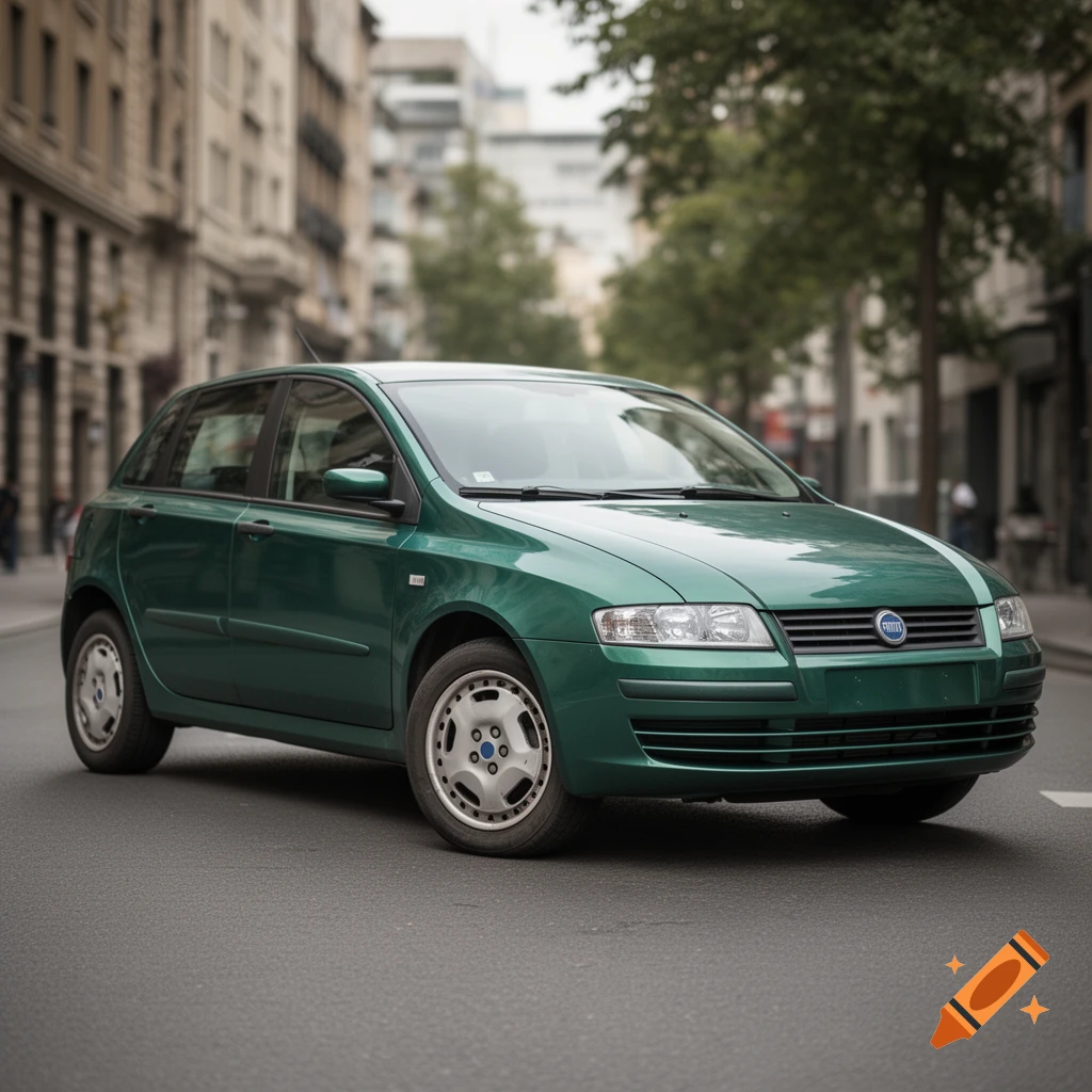 Photorealistic green Fiat Stilo hatchback parked on a city street.