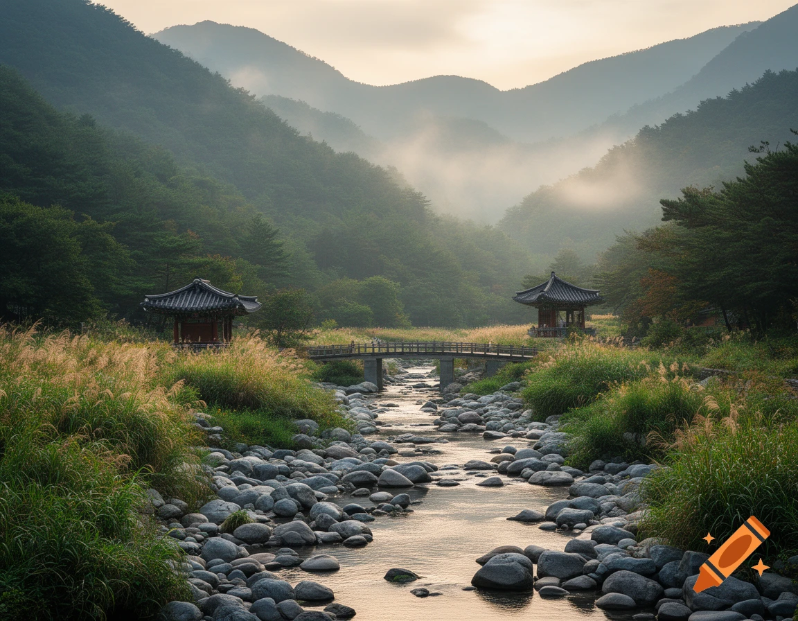 Photorealistic mountain landscape featuring a misty river with rocky bed, traditional Korean pavilions, and a small bridge.