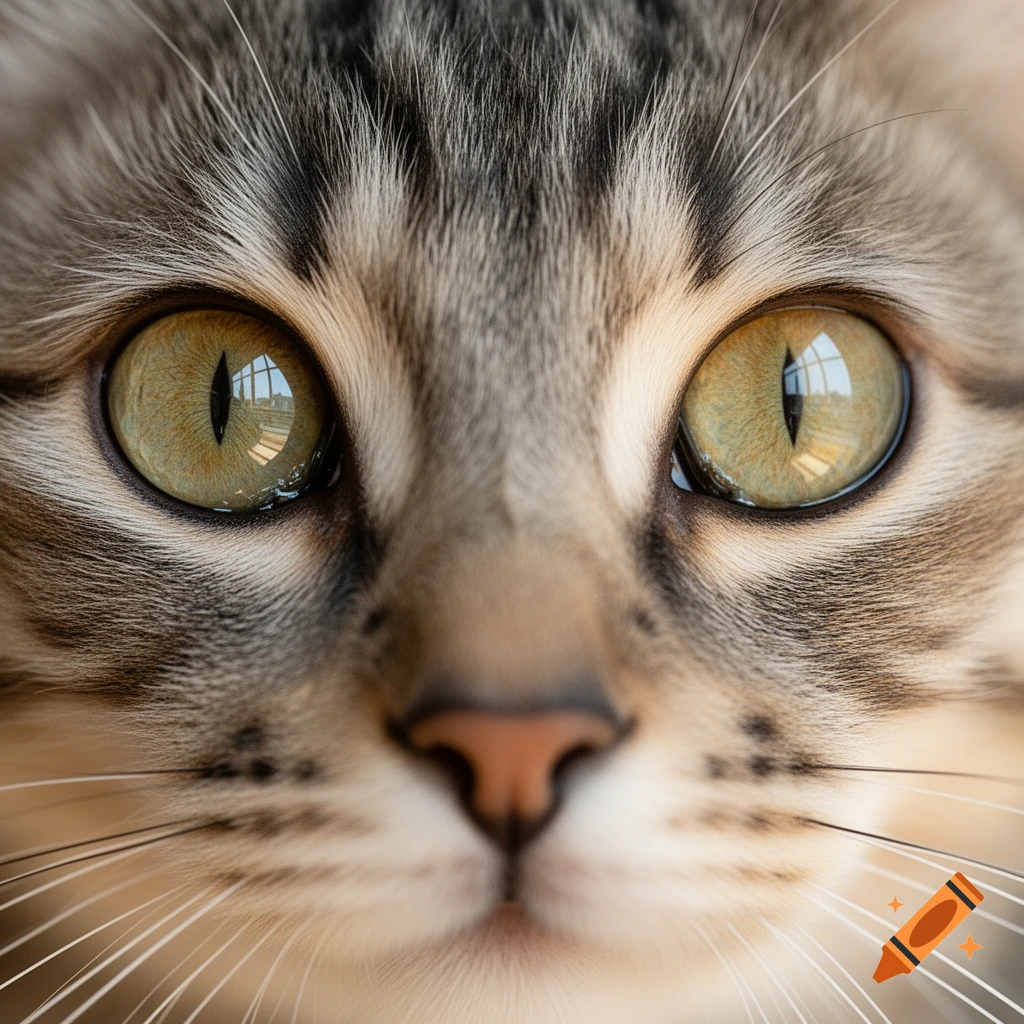 Close-up photorealistic shot of a tabby cat's face, focusing on its large, detailed green-gold eyes.