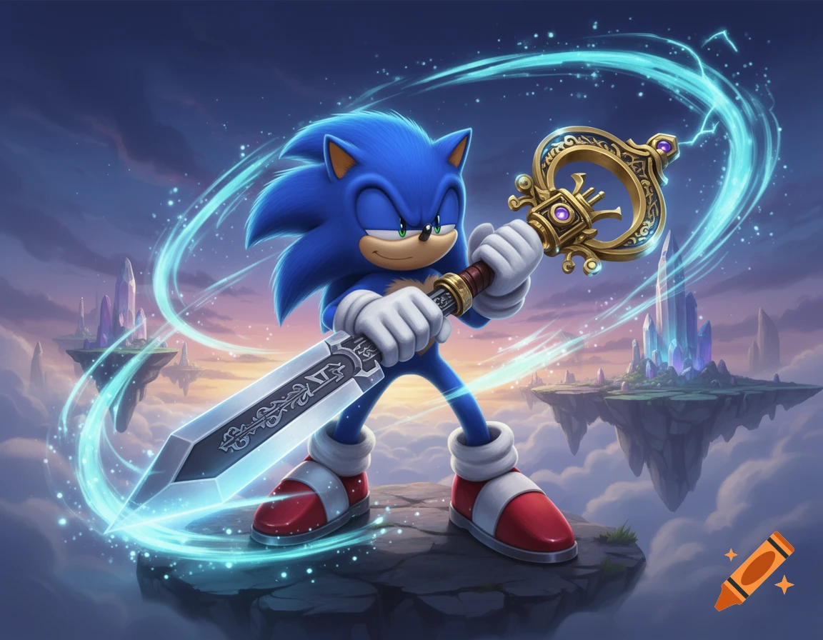 Sonic the Hedgehog holding a ornate keyblade on a floating rock in a fantasy sky, digital art style.