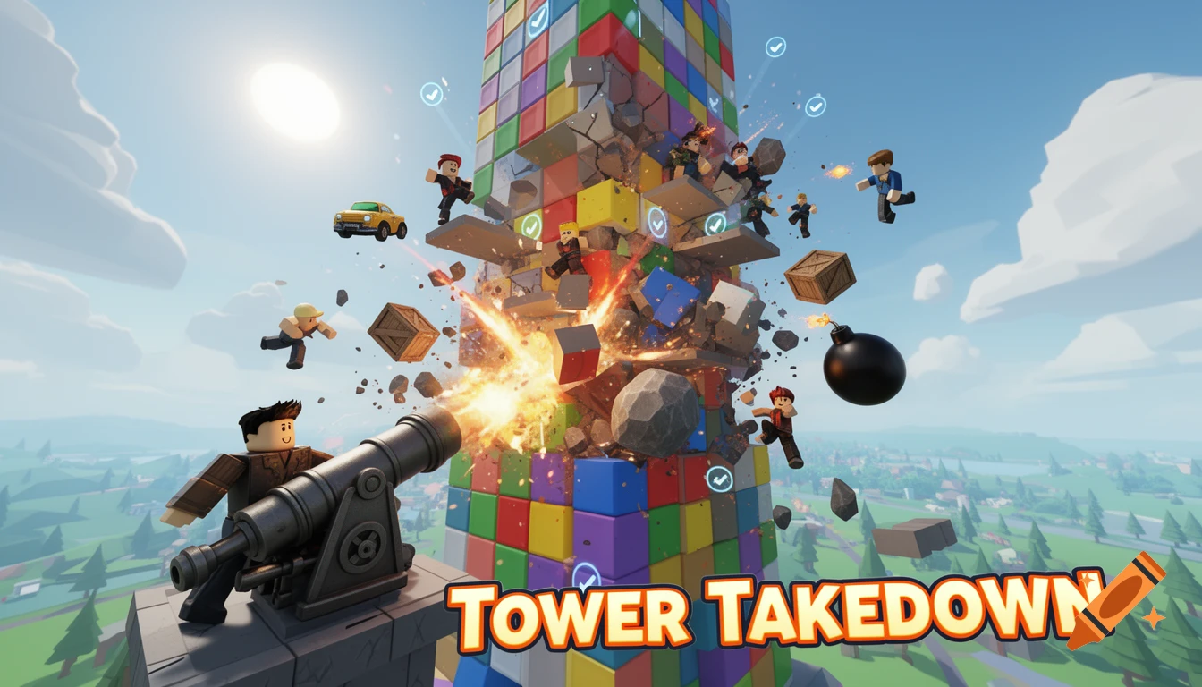 3D render of a Roblox-style multiplayer game scene with characters climbing a colorful block tower being attacked by a cannon.