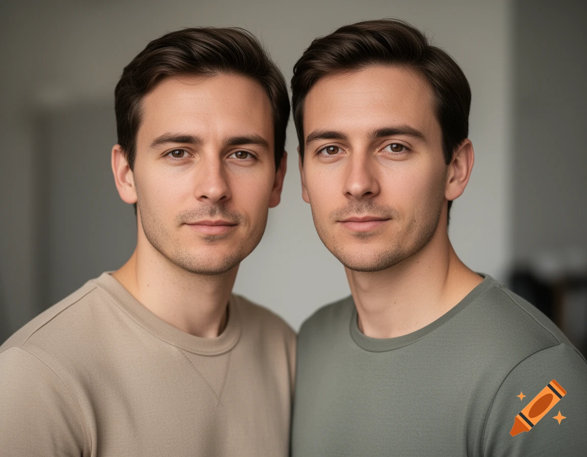 Close-up photorealistic portrait of twin men with short brown hair and light stubble, wearing neutral-toned shirts against a gray background.