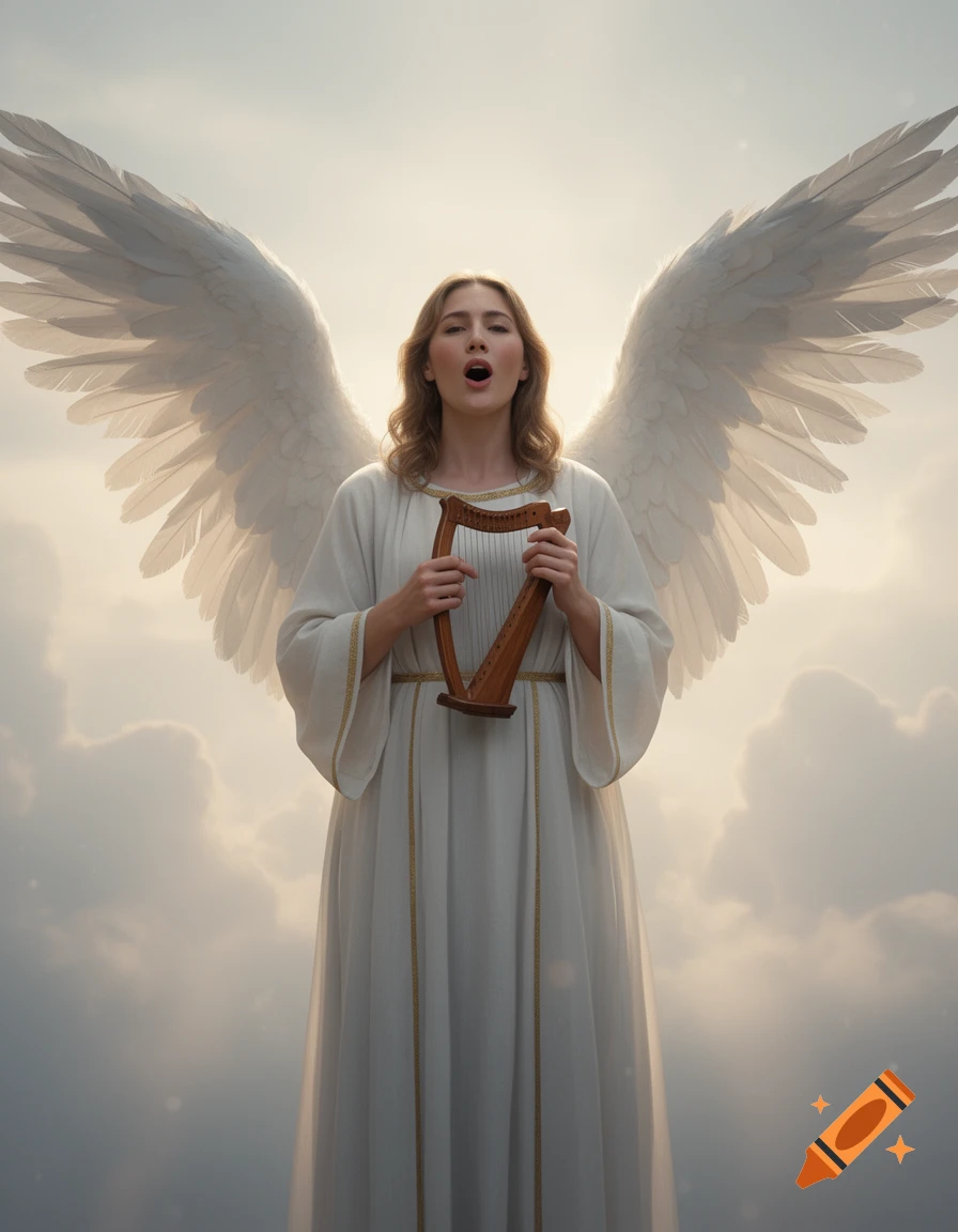 Photorealistic depiction of a female angel with large white wings singing and holding a small harp against a cloudy sky.