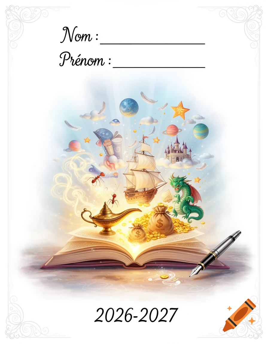 An open book with a glowing magical landscape emerging from the pages, including a ship, dragon, and magic lamp, with placeholder text for name and school year.