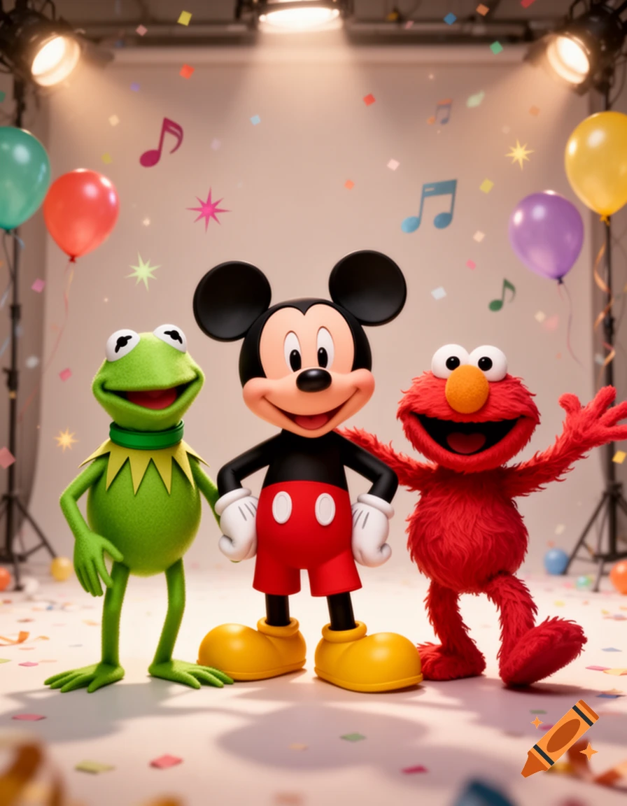 Kermit the Frog, Mickey Mouse, and Elmo standing together in a studio setting with balloons and confetti.