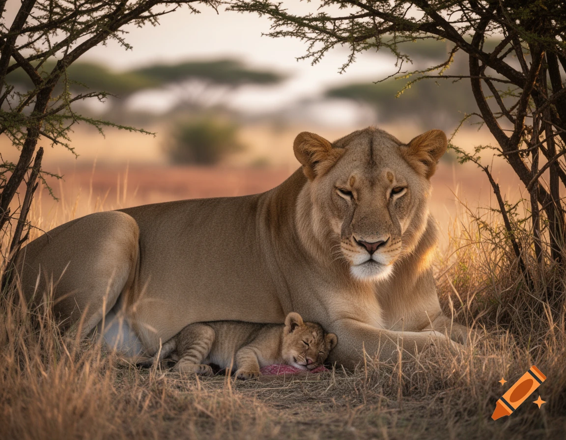 Photorealistic image of a lioness resting under acacia trees with a newborn cub sleeping between her paws.
