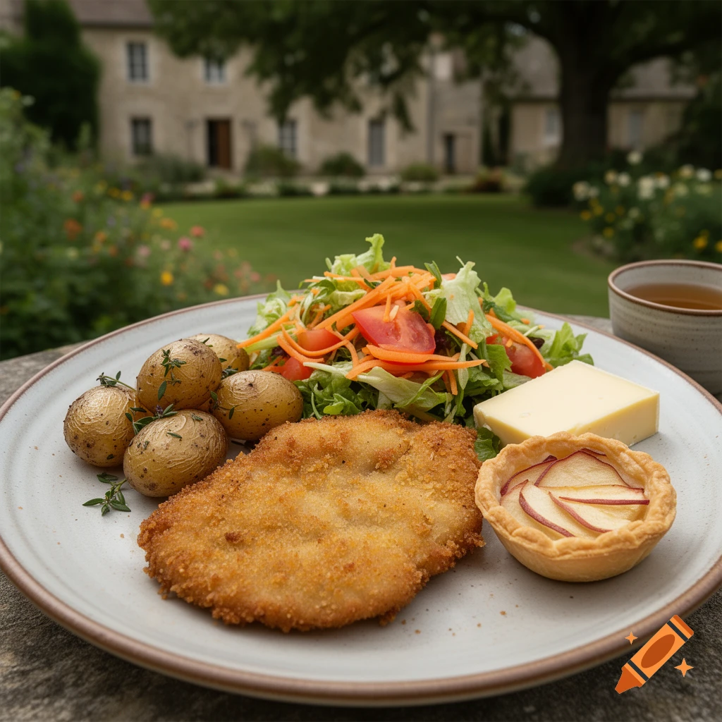 Close-up of a plate with crispy chicken schnitzel, roasted baby potatoes, mixed salad, cheese, and a small apple tart, outdoors.
