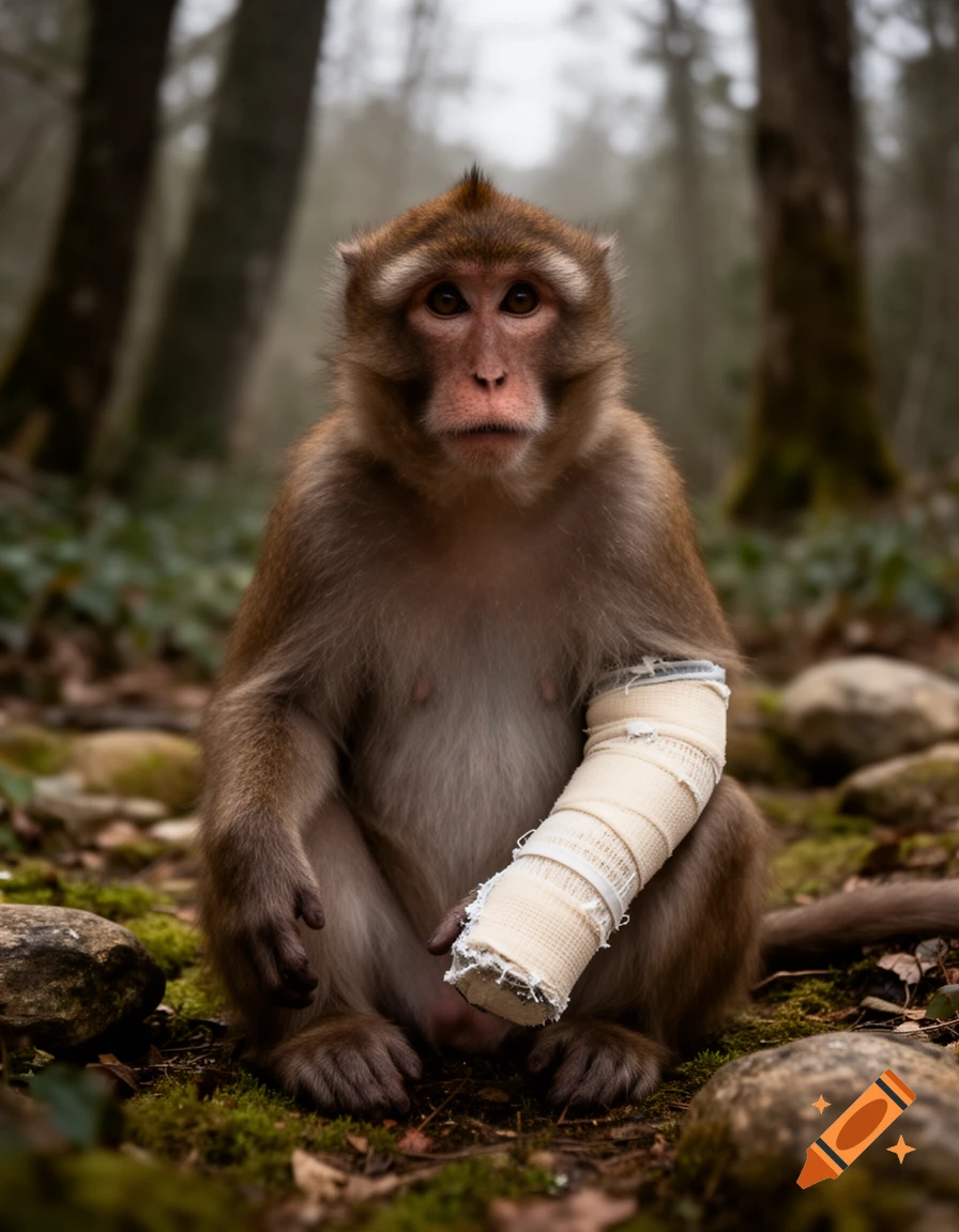 Photorealistic image of a monkey sitting in a forest with a plaster cast on its left arm.