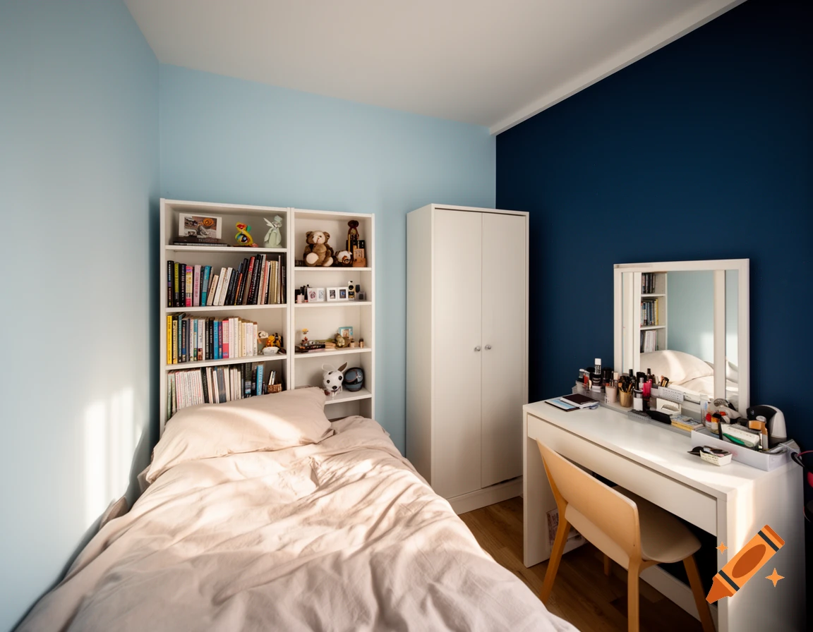 Cozy bedroom with light blue walls, a single bed with beige bedding, a white bookshelf, a wardrobe, and a makeup vanity with a mirror.