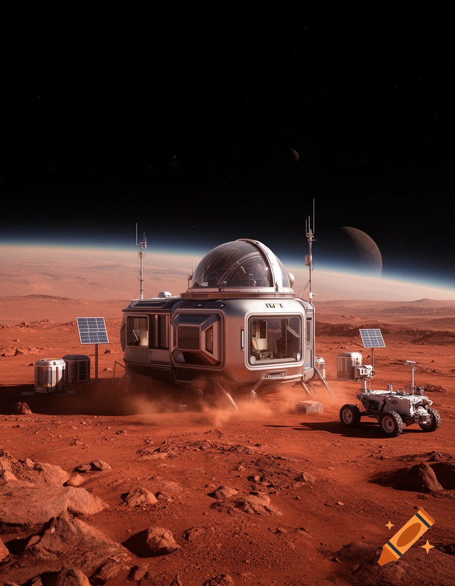 Photorealistic image of a futuristic housing habitat and rover on the red, rocky surface of Mars under a starry sky with moons.