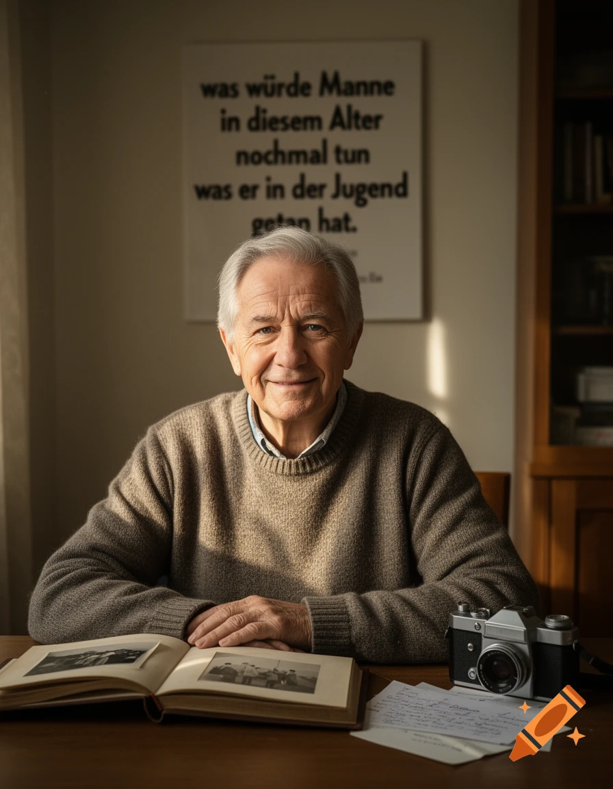 Photorealistic portrait of an elderly man sitting at a table with an open photo album and an old camera.