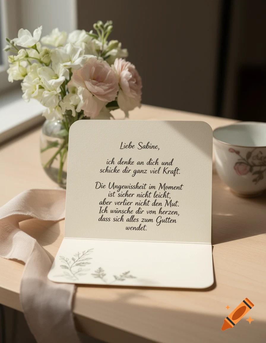 Photorealistic image of a greeting card with German text on a wooden table, accompanied by a vase of white and pink flowers and a teacup.