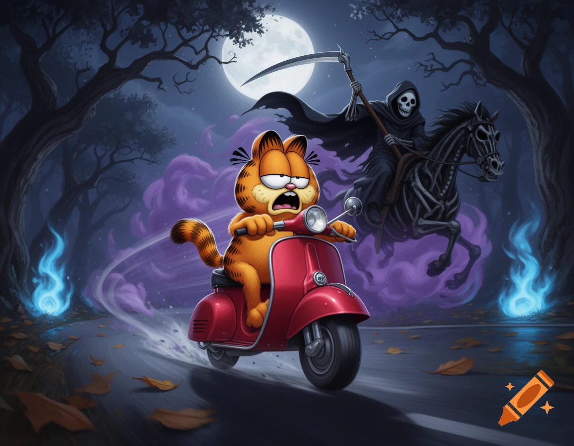 Garfield the cat rides a red scooter on a dark road at night, fleeing from the Grim Reaper on a skeletal horse under a full moon.