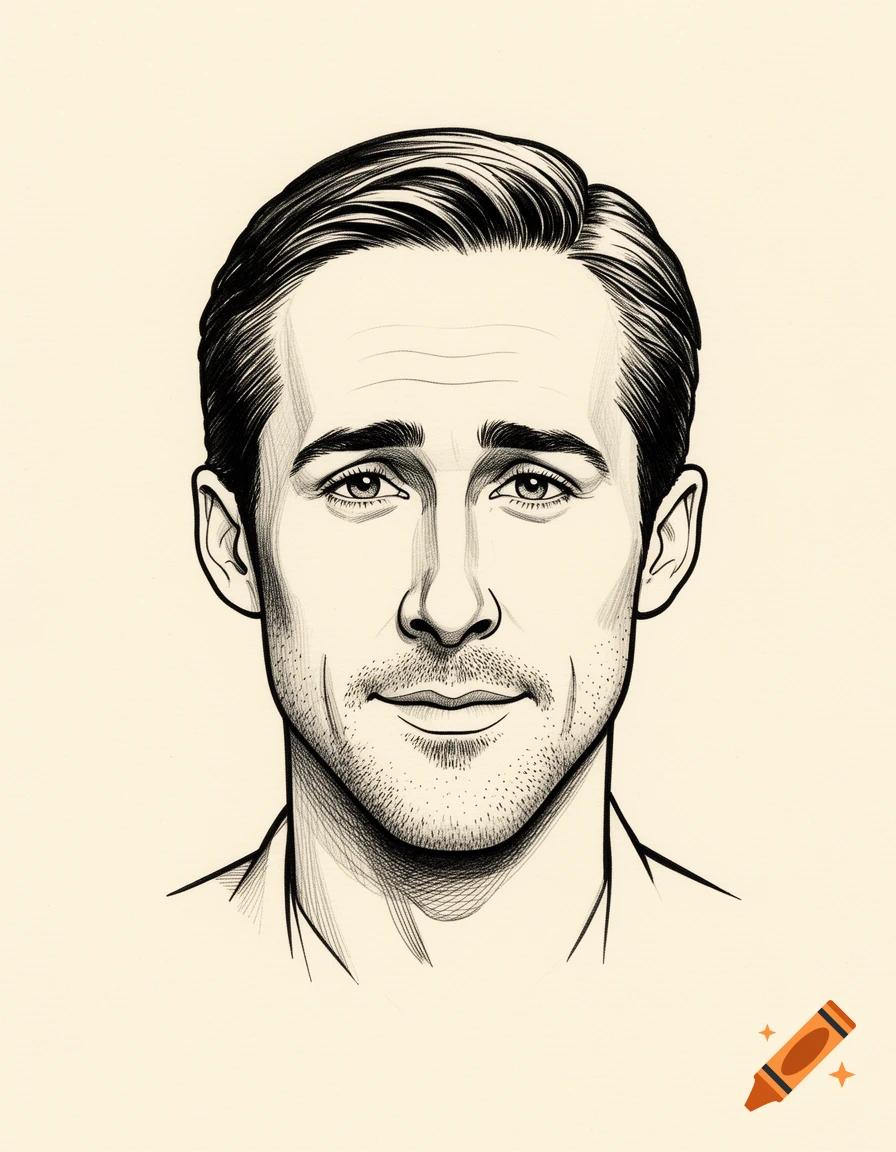Black and white ink line portrait of Ryan Gosling on cream colored paper
