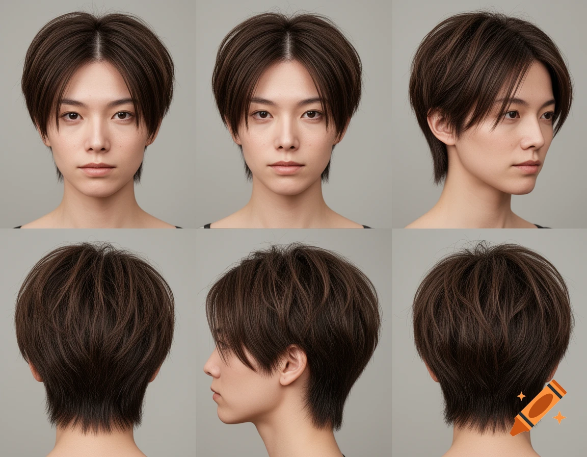 Photorealistic multi-angle view of a person with a textured middle-part short haircut against a neutral background.