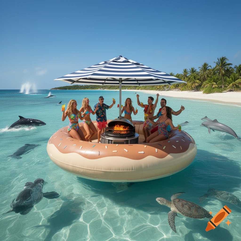 People having a party on a giant donut-shaped float with a grill in the middle, floating in the sea surrounded by dolphins and sea turtles.