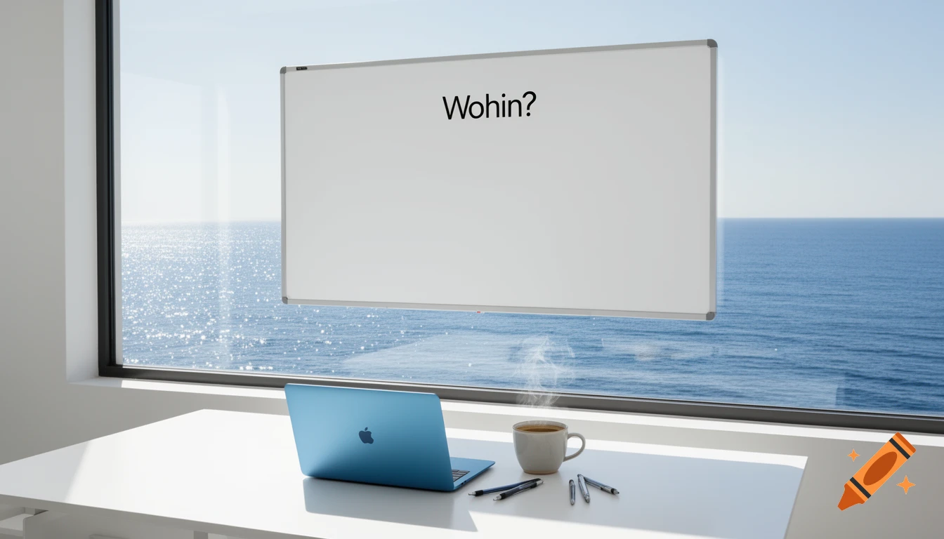 A bright modern workspace with a blue laptop, coffee cup, and whiteboard reading "Wohin?" overlooking the ocean.