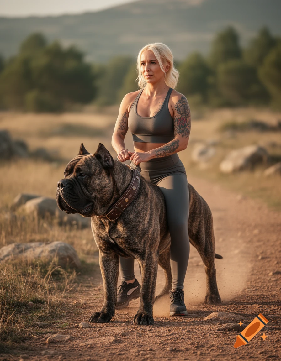 Photorealistic image of a blonde fitness woman riding a large brindle Presa Canario dog on a dirt path.