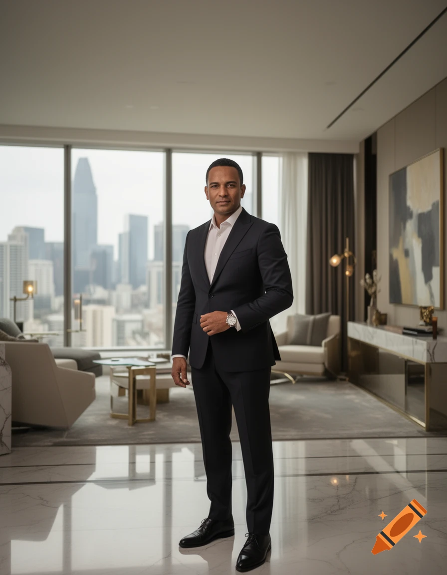 Photorealistic full-body shot of a well-dressed man in a suit standing in a luxury apartment overlooking a city skyline.