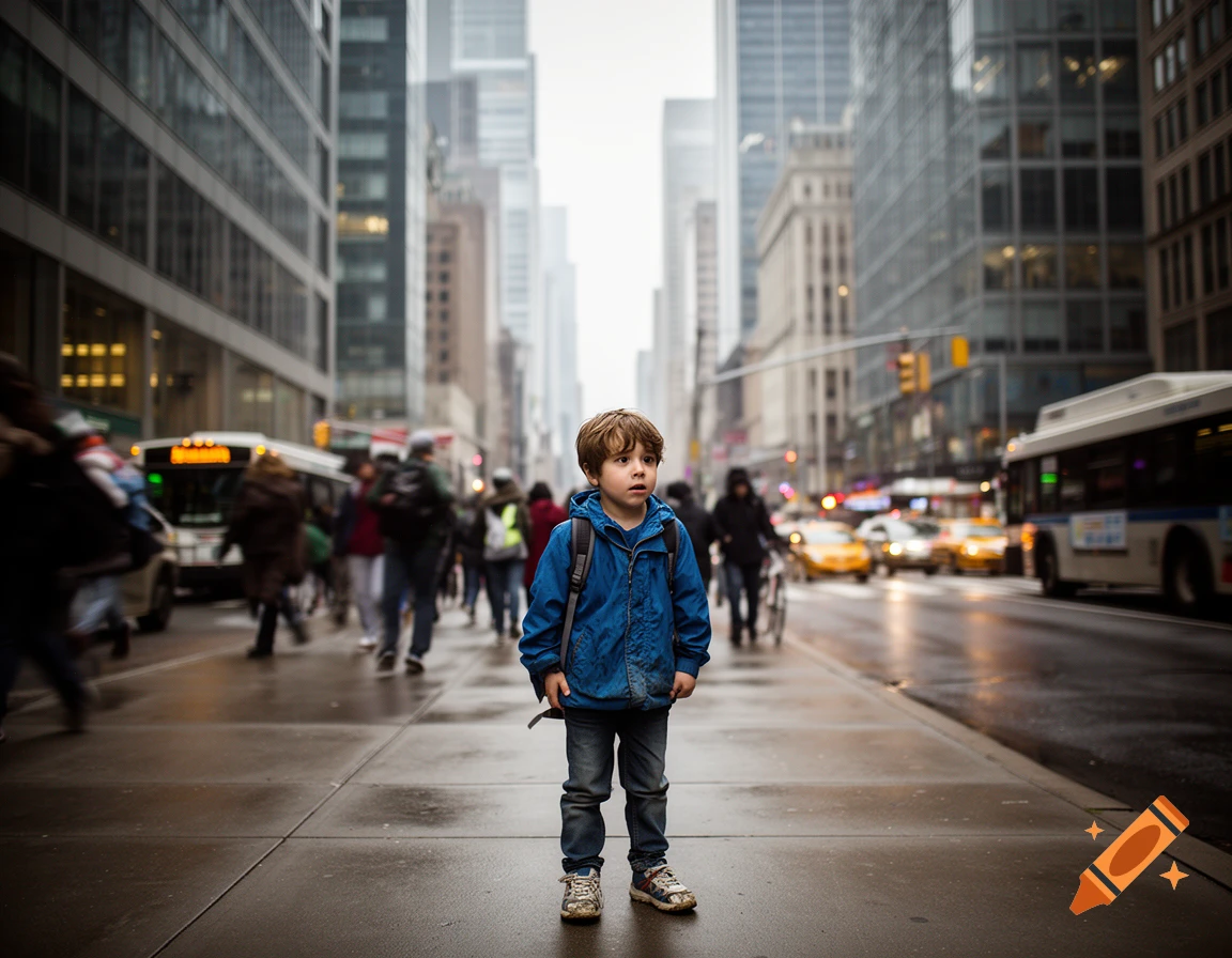 A young boy in a blue jacket stands alone on a wet city sidewalk amidst a busy street with blurred pedestrians and traffic in the background, photorealistic style.