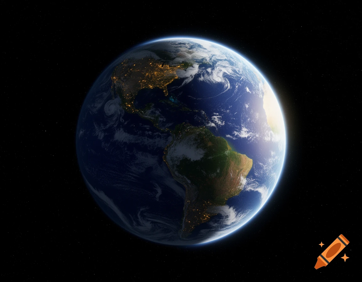 Photorealistic view of planet Earth from space showing the Americas at night with city lights against a starry background.