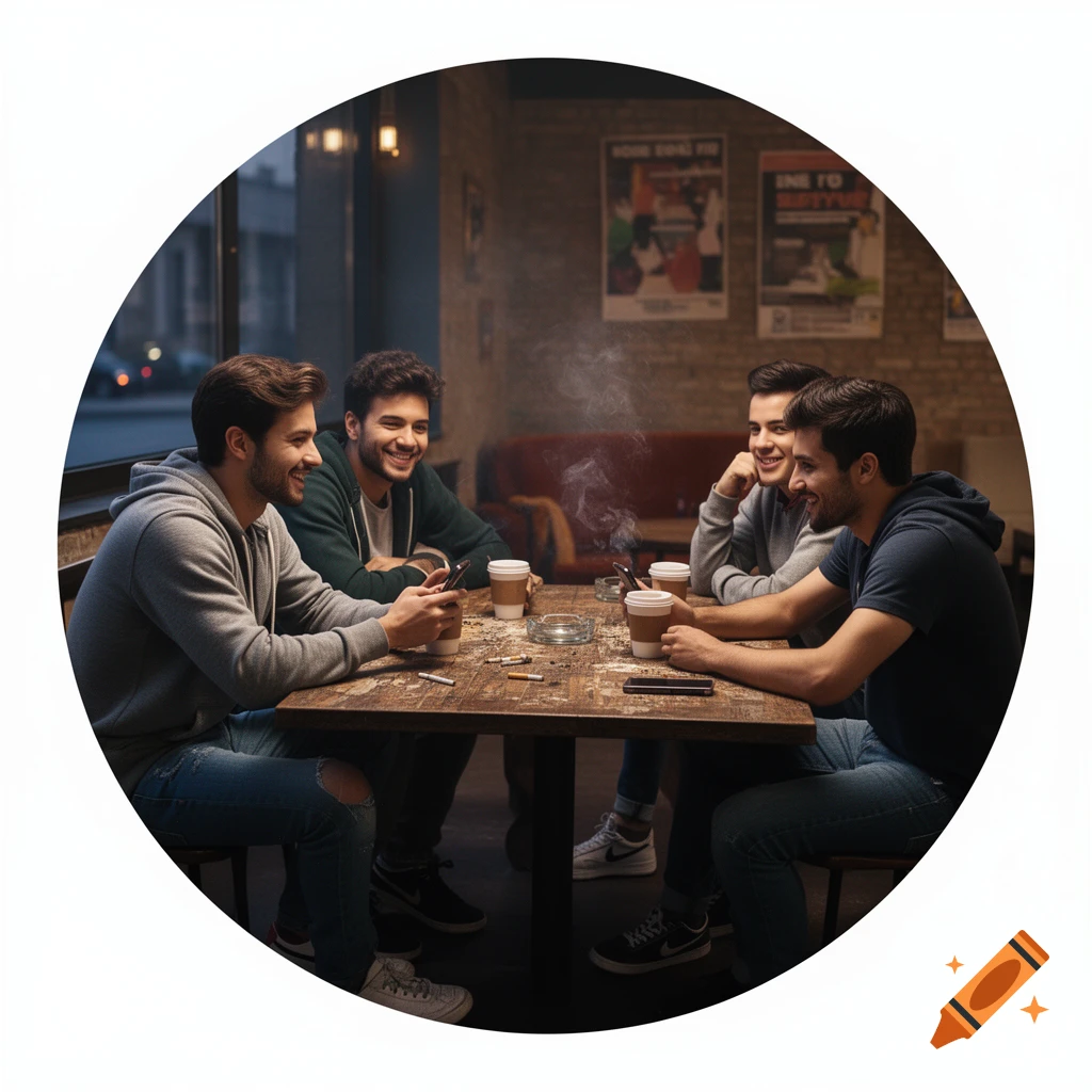 Four young men sitting around a wooden table in a cafe, smoking, drinking coffee, and using smartphones.