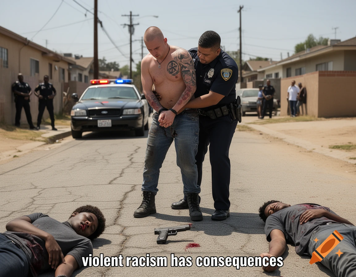 An LAPD officer handcuffs a shirtless neo-Nazi skinhead in a suburban street next to two deceased individuals and a firearm, with text reading violent racism has consequences.