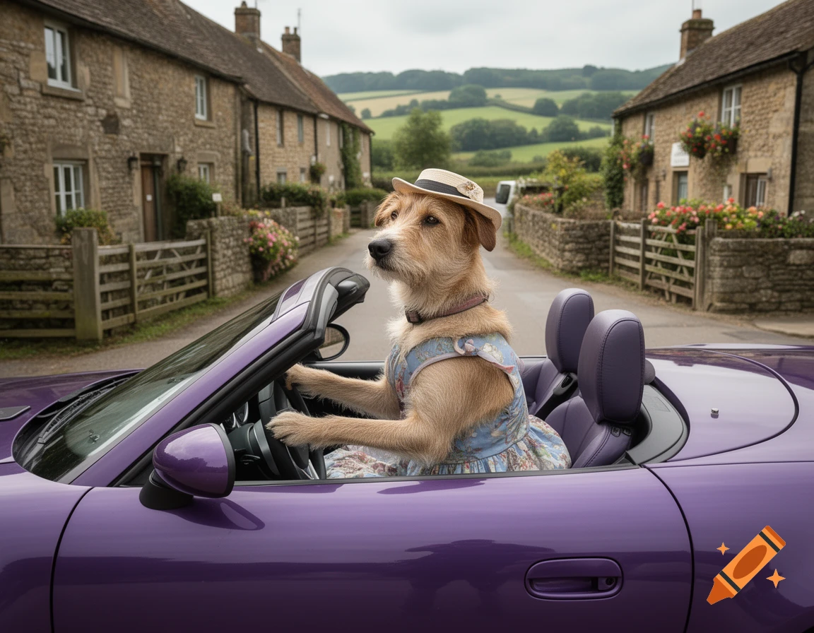 Photorealistic image of a terrier dog wearing a hat and dress while driving a purple convertible through an English village.
