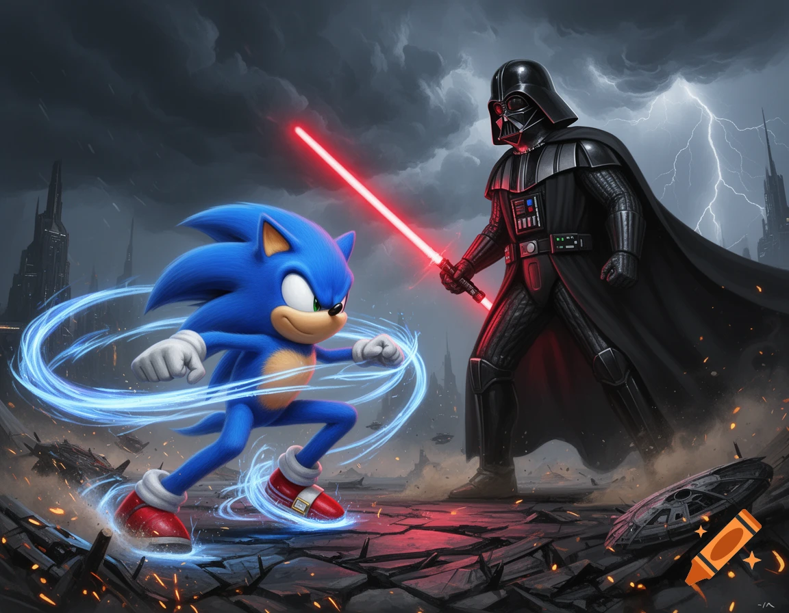 Sonic the Hedgehog running in a blue energy ring, confronting Darth Vader with a red lightsaber in a dark sci-fi battlefield.