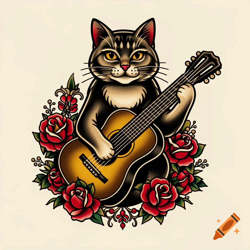 Traditional tattoo style illustration of a tabby cat playing an acoustic guitar surrounded by red roses.