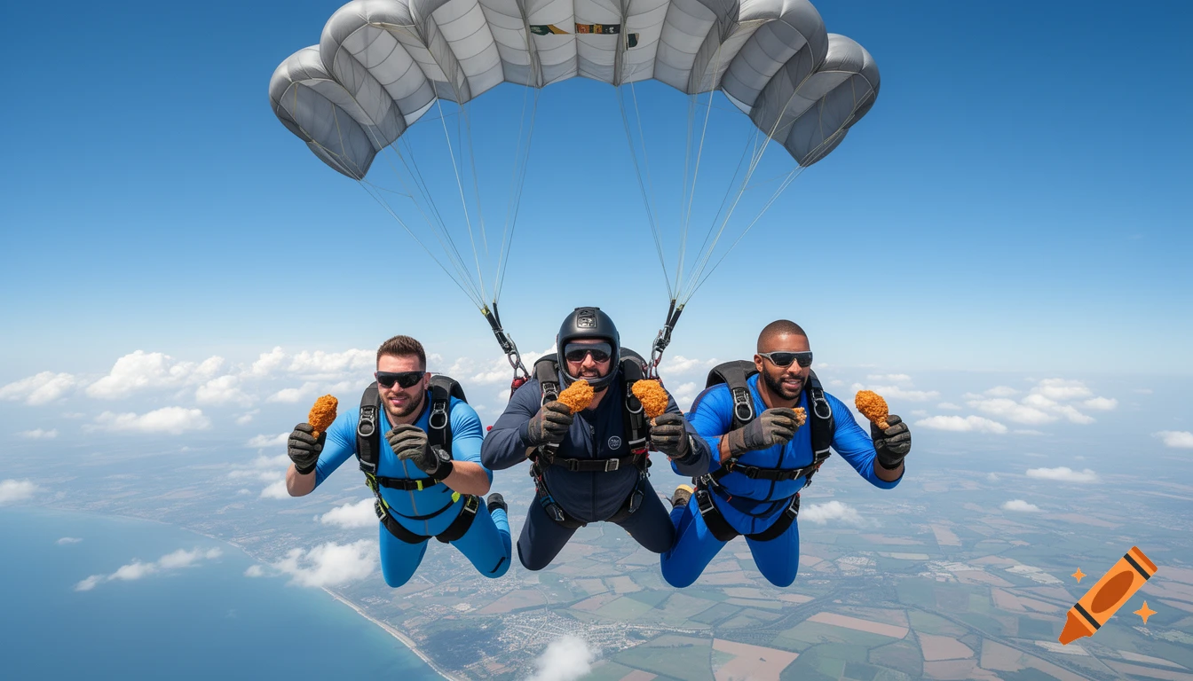 Three men in blue jumpsuits skydiving while holding fried chicken drumsticks, photorealistic.
