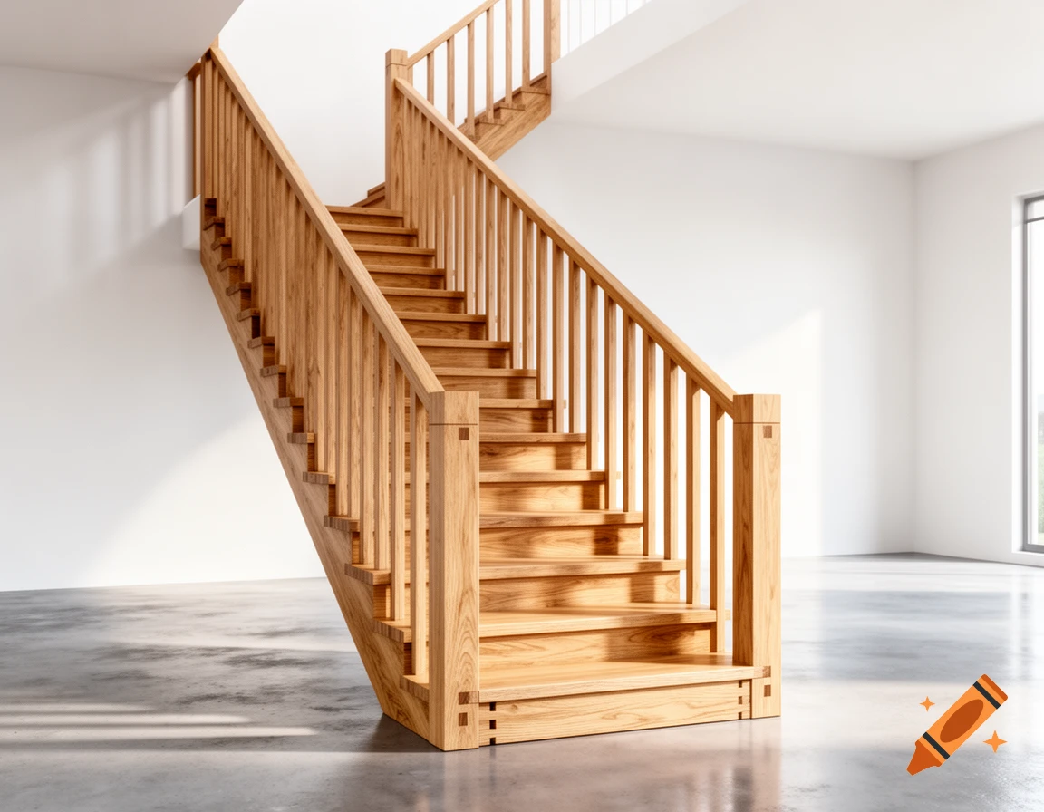 Photorealistic 3D render of a contemporary solid ash wood straight staircase in a minimal interior with white walls and a concrete floor.