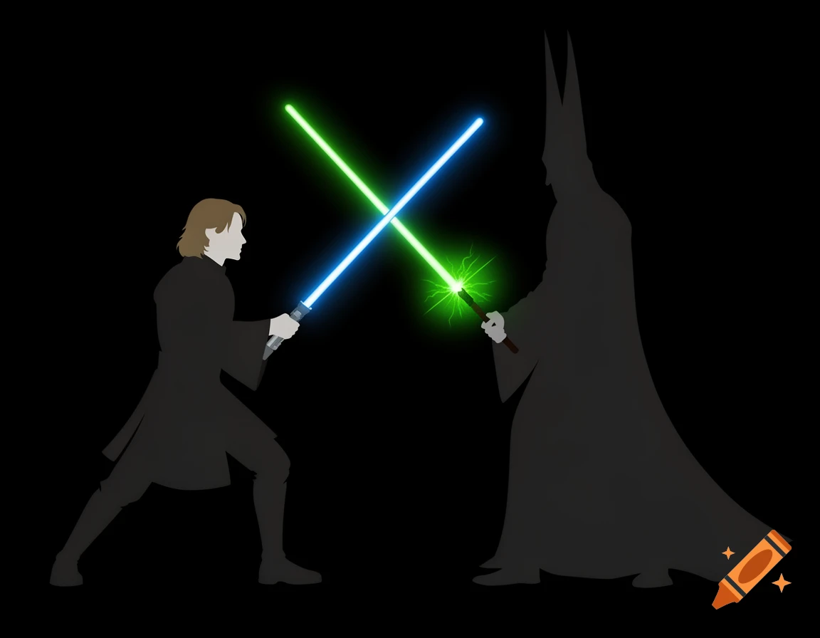 Minimalist silhouette illustration of a duel between Anakin Skywalker with a blue lightsaber and Voldemort with a green spell.