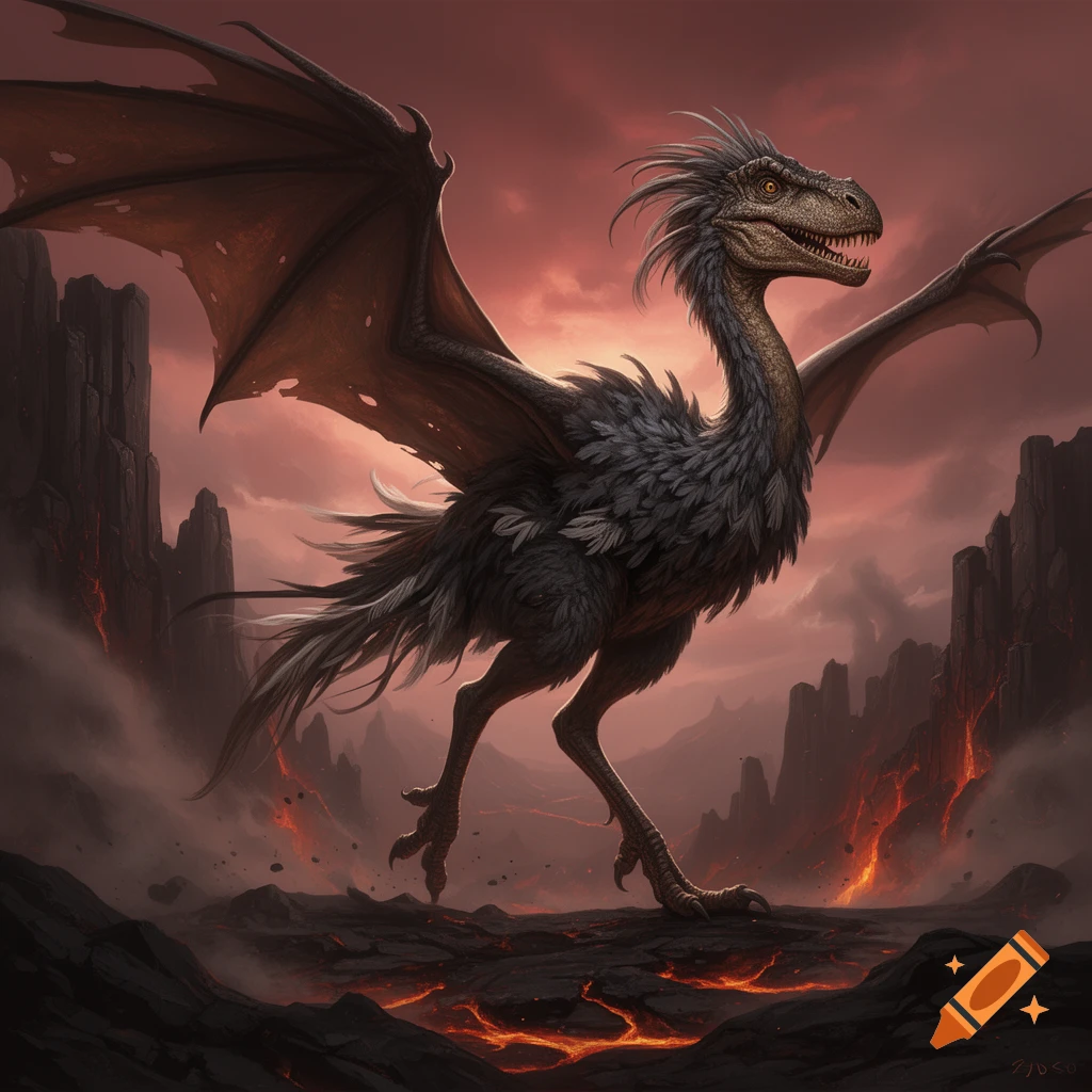 Digital painting of a hybrid creature combining a T-Rex, ostrich, and dragon with large wings standing in a volcanic landscape.