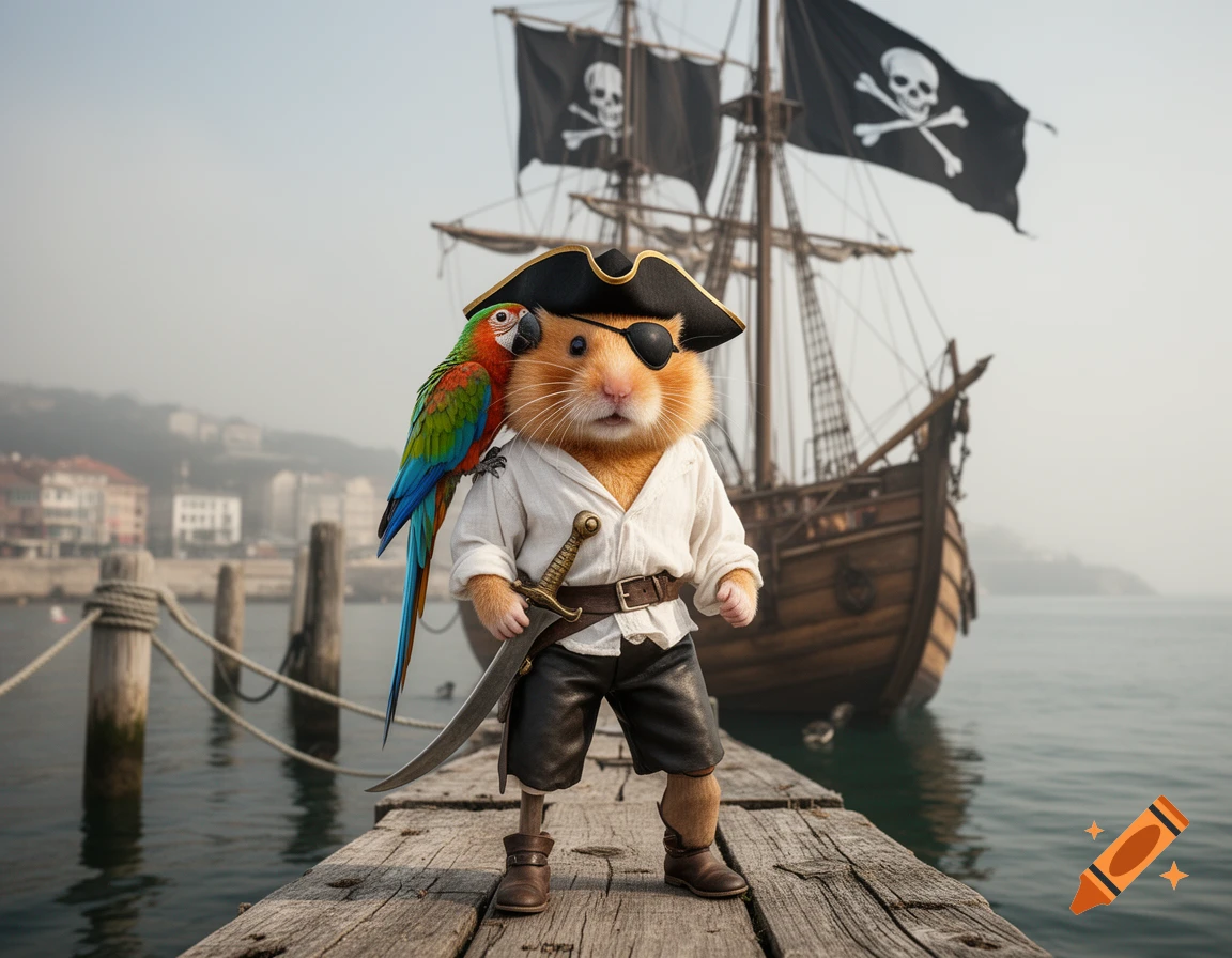 Photorealistic image of a hamster pirate with a wooden leg, eye patch, parrot on shoulder, and a sword, standing on a dock with a pirate ship in the background.