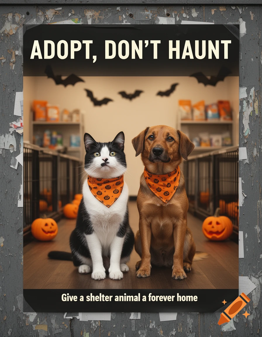 A photorealistic poster of a black and white cat and a brown dog wearing Halloween pumpkin bandanas, sitting in a shelter.