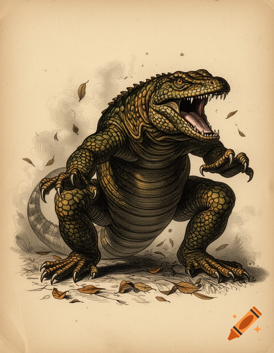 Vintage style illustration of a ferocious, bipedal reptile creature roaring with claws out, surrounded by falling leaves.