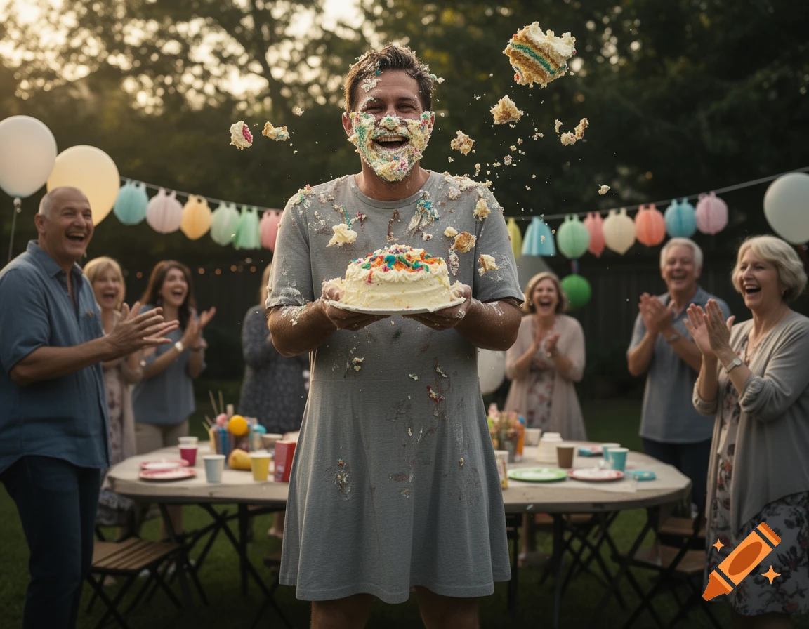 Photorealistic image of a smiling man in a grey dress with cake smeared on his face, surrounded by applauding people outdoors.