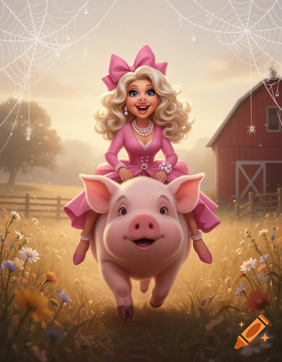 Miss Piggy character riding a friendly pig through a sunny farm field with spiderwebs hanging in the corners, digital art style.