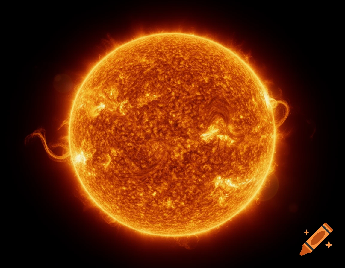 Close-up photorealistic view of the sun against a black background, showing solar flares and detailed texture.