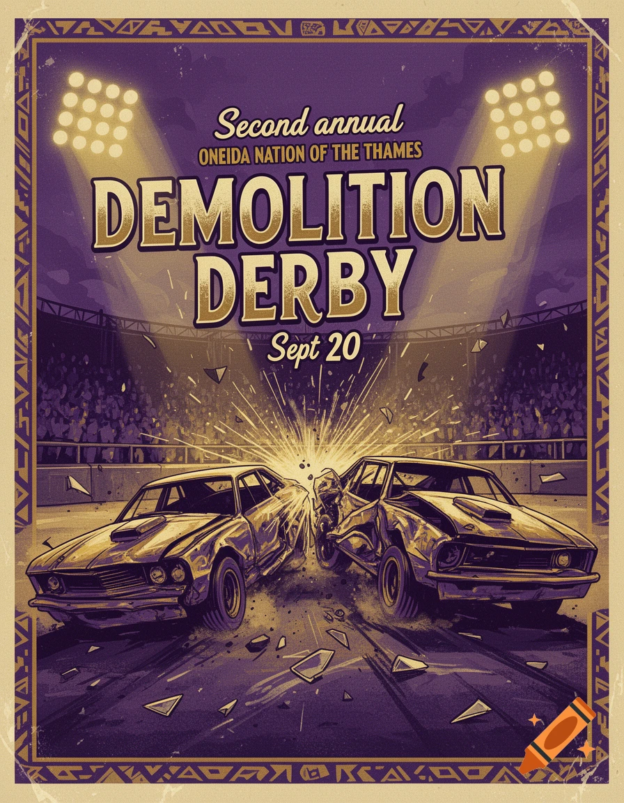 Vintage style poster for the Second Annual Oneida Nation of the Thames Demolition Derby on Sept 20, featuring two crashing cars in an arena lit by stadium lights, in purple and gold tones.