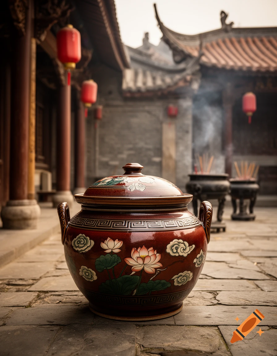 A large decorated ceramic pot with a lid sitting on stone pavement in a traditional Chinese temple courtyard.