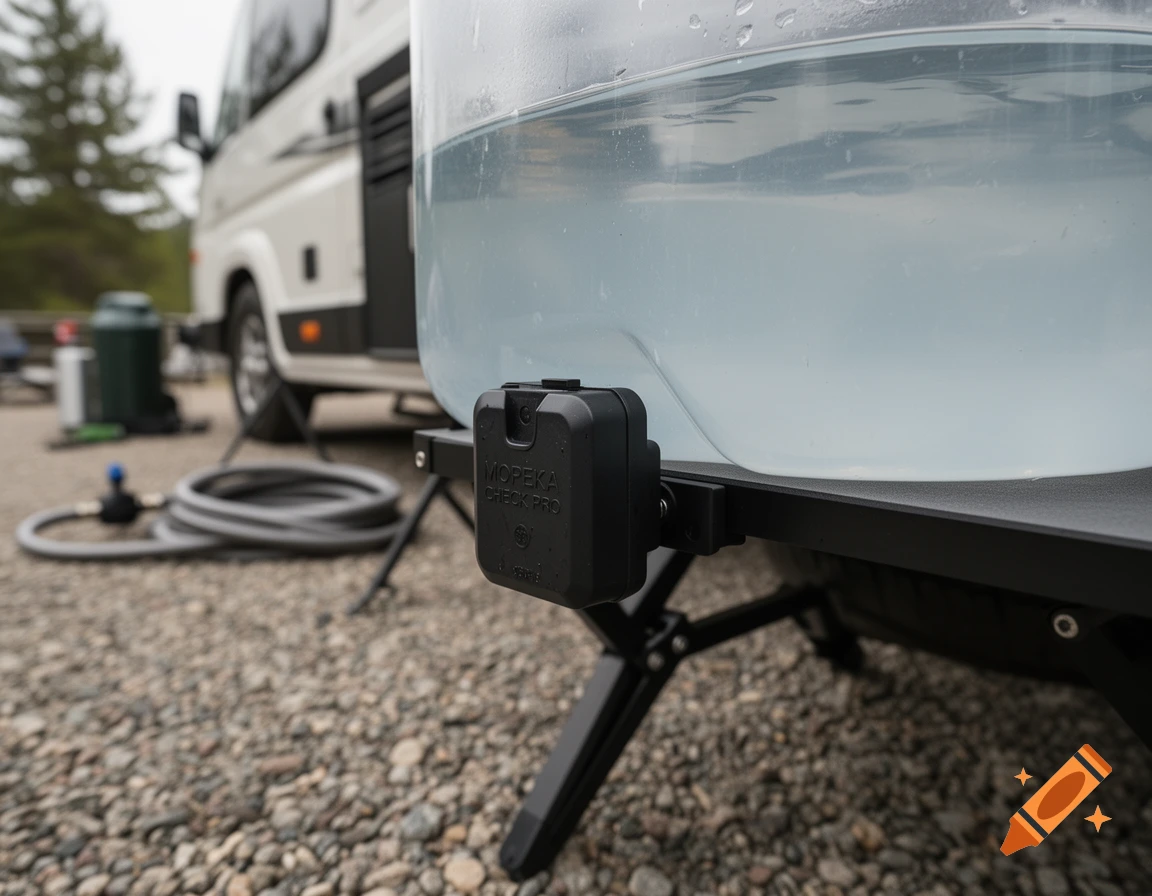 Close-up of a Mopeka Check Pro water sensor attached to a clear water tank on a camping setup with a campervan in the background, photorealistic.