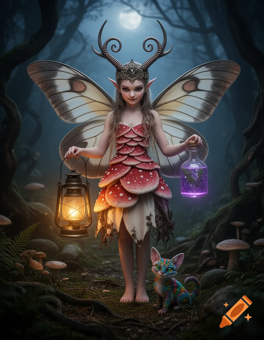 An eerie fairy girl with moth wings, spiral antlers, a mushroom dress, holding a glowing lantern and potion, with a colorful exotic pet cat in a dark forest.