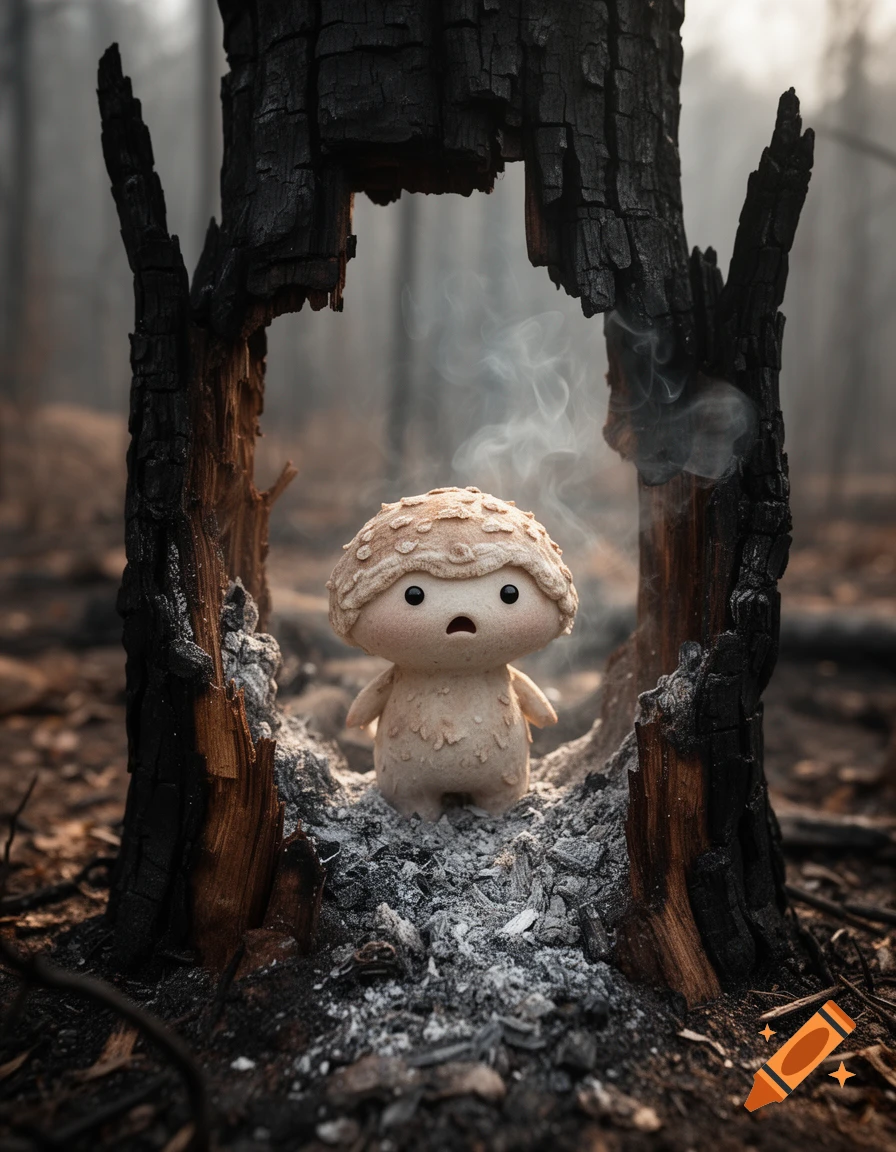 A frightened little mushroom creature with black dot eyes standing inside a scorched hollow tree trunk, photorealistic style.