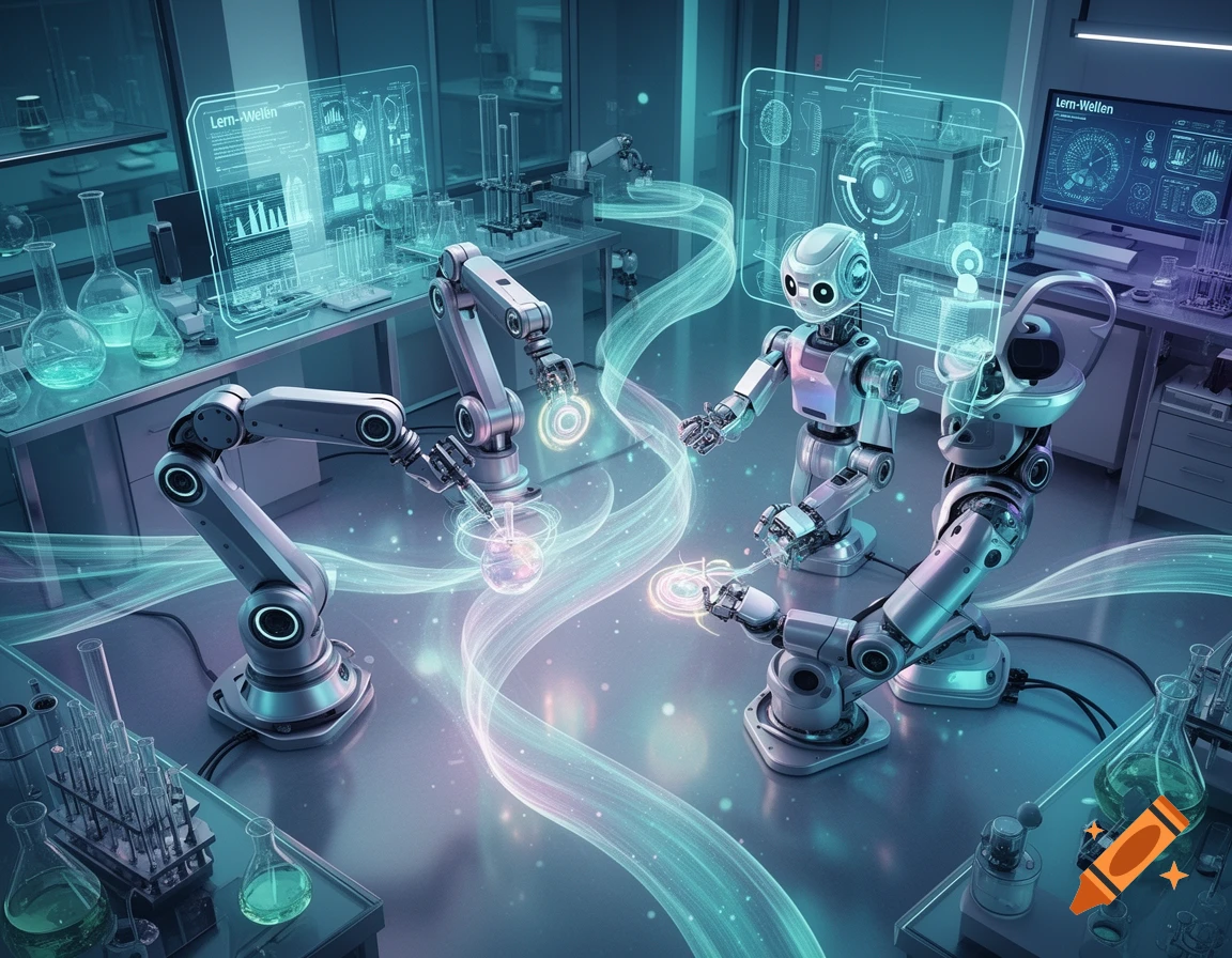 Robots and robotic arms collaborating in a modern futuristic laboratory with glowing data streams.