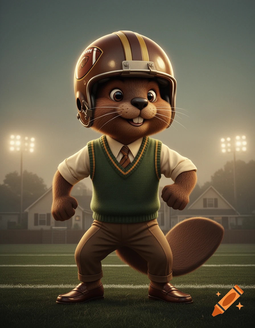 An anthropomorphic beaver wearing a football helmet and a school sweater standing on a football field.