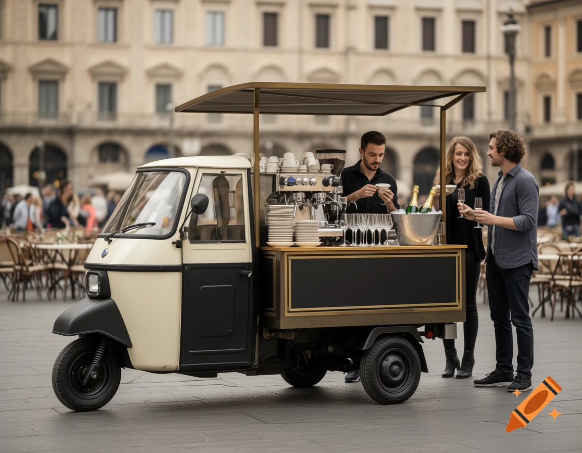 Photorealistic image of a modified Piaggio Ape serving as a mobile coffee and champagne bar in an Italian piazza with people.