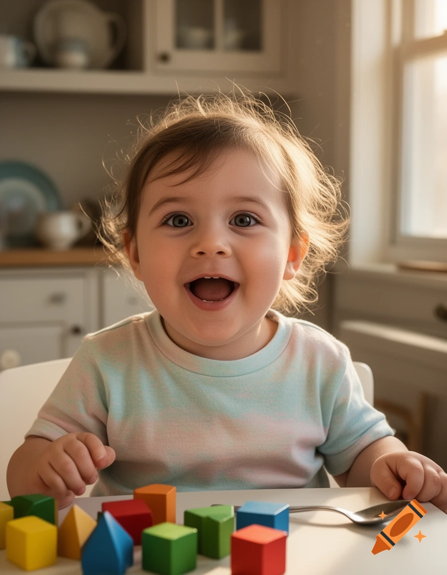 Close-up photorealistic shot of a happy toddler smiling brightly while playing with colorful blocks at a kitchen table.