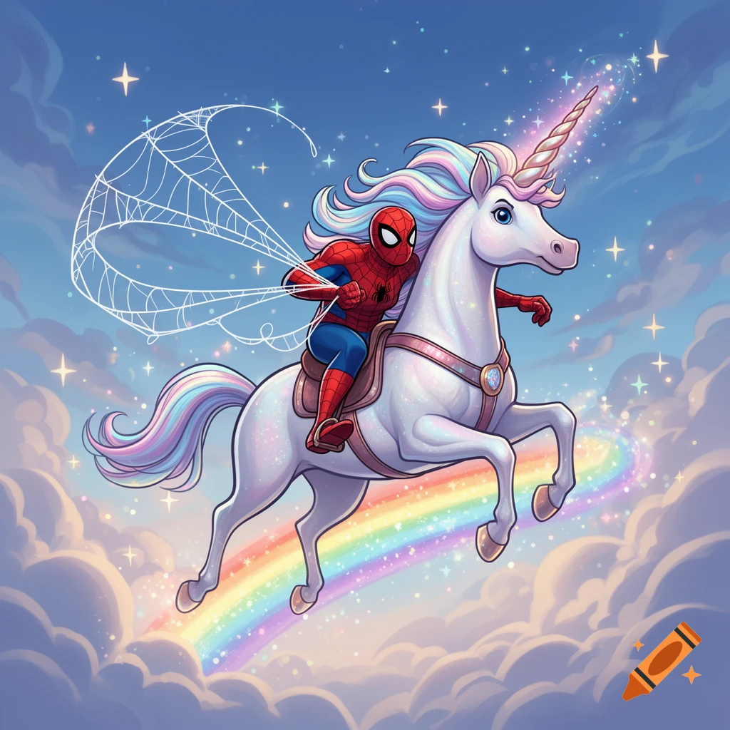 Cartoon Spider-Man riding a white unicorn with a rainbow mane and tail, flying through a starry blue sky filled with clouds.